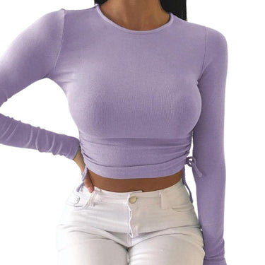 Long Sleeve Women's Crop Top Drawstring Fitness Women's Tee Solid Sexy Slim Basic Tee Female Yoga Gym Workout Top from NSE Imports #2.
